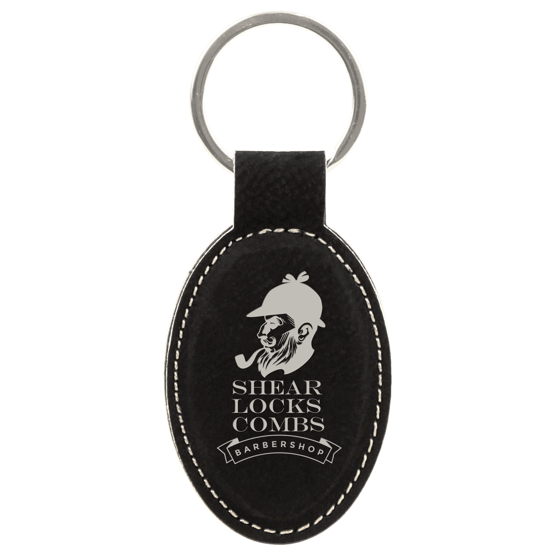 Black/Silver 3" x 1 3/4" Laserable Leatherette Oval Keychain