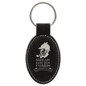 Black/Silver 3" x 1 3/4" Laserable Leatherette Oval Keychain
