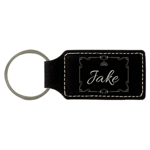 Black/Silver 2 3/4" x 1 1/4" Laserable Leatherette Rectangle Keychain