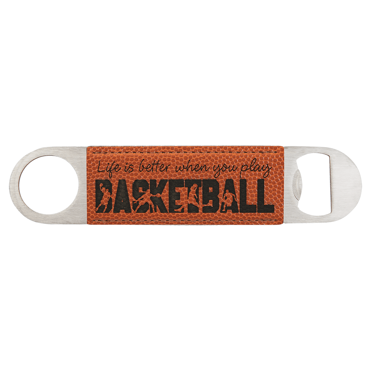 1 1/2" x 7" Basketball Laserable Leatherette Bottle Opener