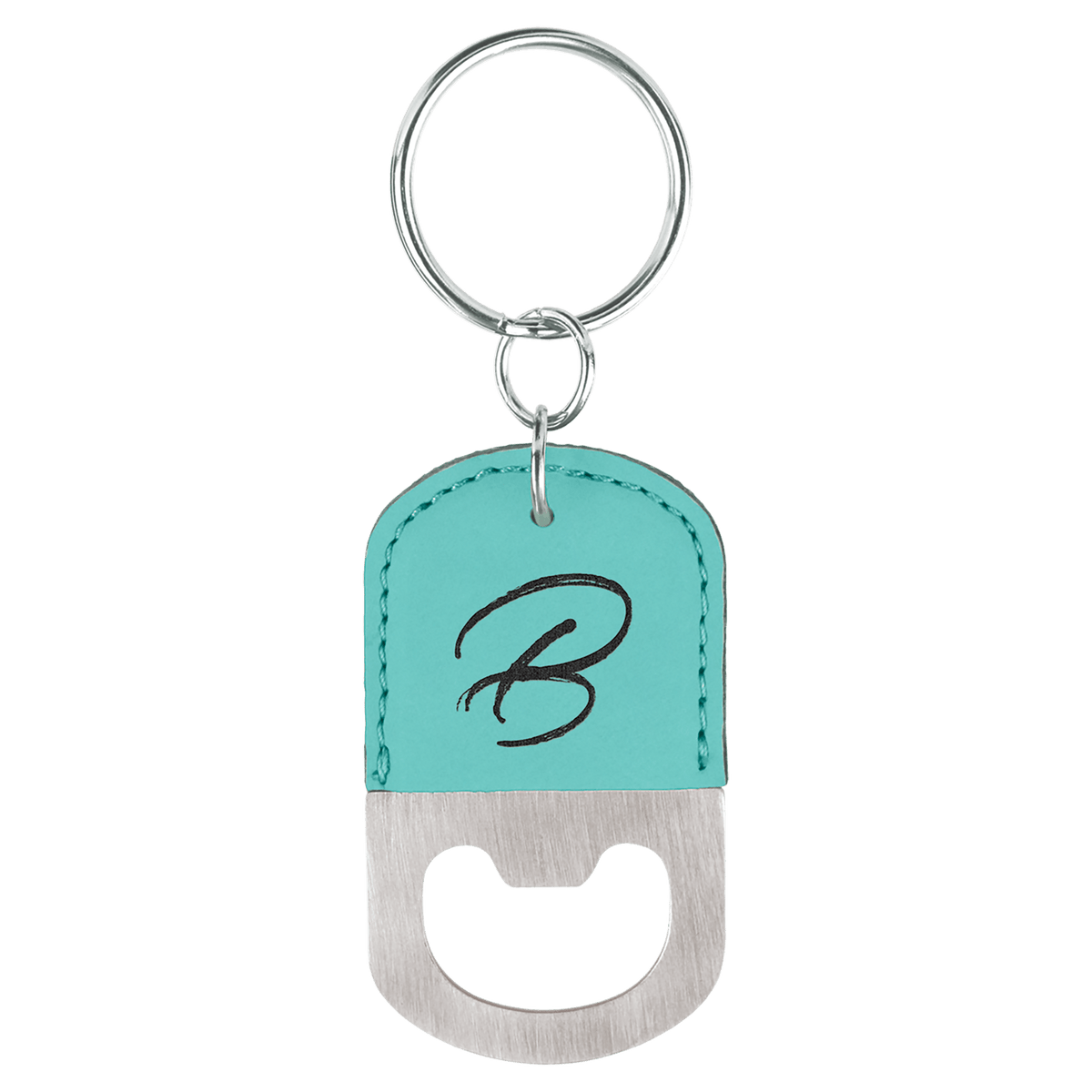Teal Oval Laserable Leatherette Bottle Opener Keychain