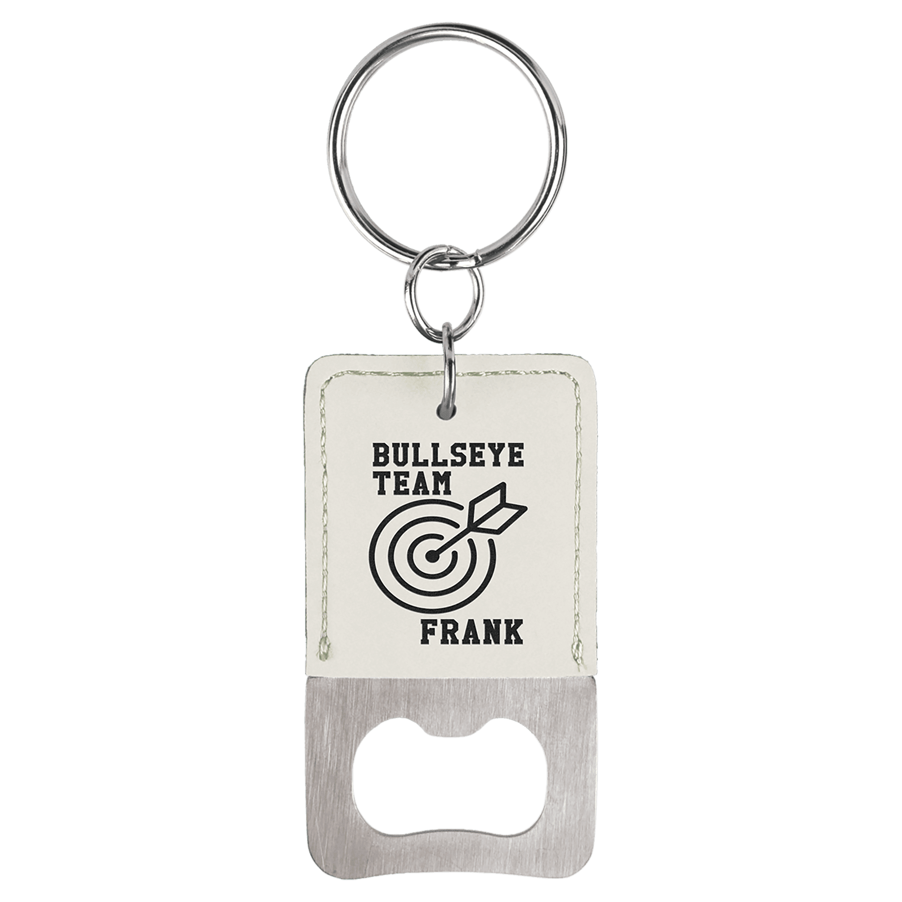 White Rectangle Laserable Leatherette Bottle Opener Keychain