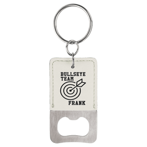 White Rectangle Laserable Leatherette Bottle Opener Keychain