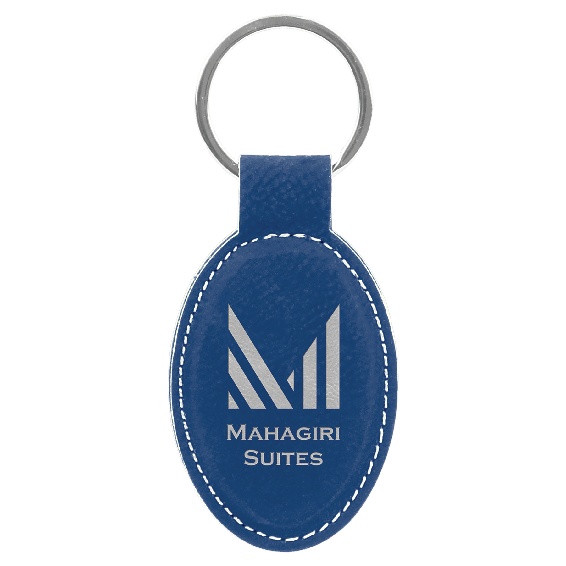 Blue/Silver 3" x 1 3/4" Laserable Leatherette Oval Keychain