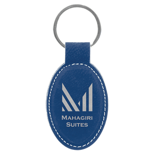 Blue/Silver 3" x 1 3/4" Laserable Leatherette Oval Keychain