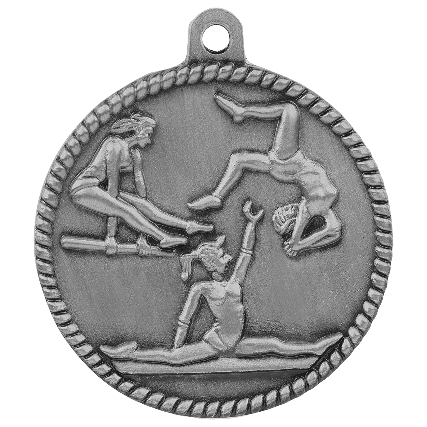 Antique Silver 2" Female Gymnastics High Relief Medal