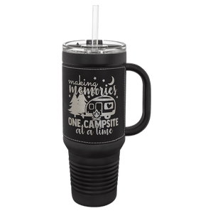 Black with Black/Silver Polar Camel 40 oz. Laserable Leatherette Travel Mug with a Handle & Straw