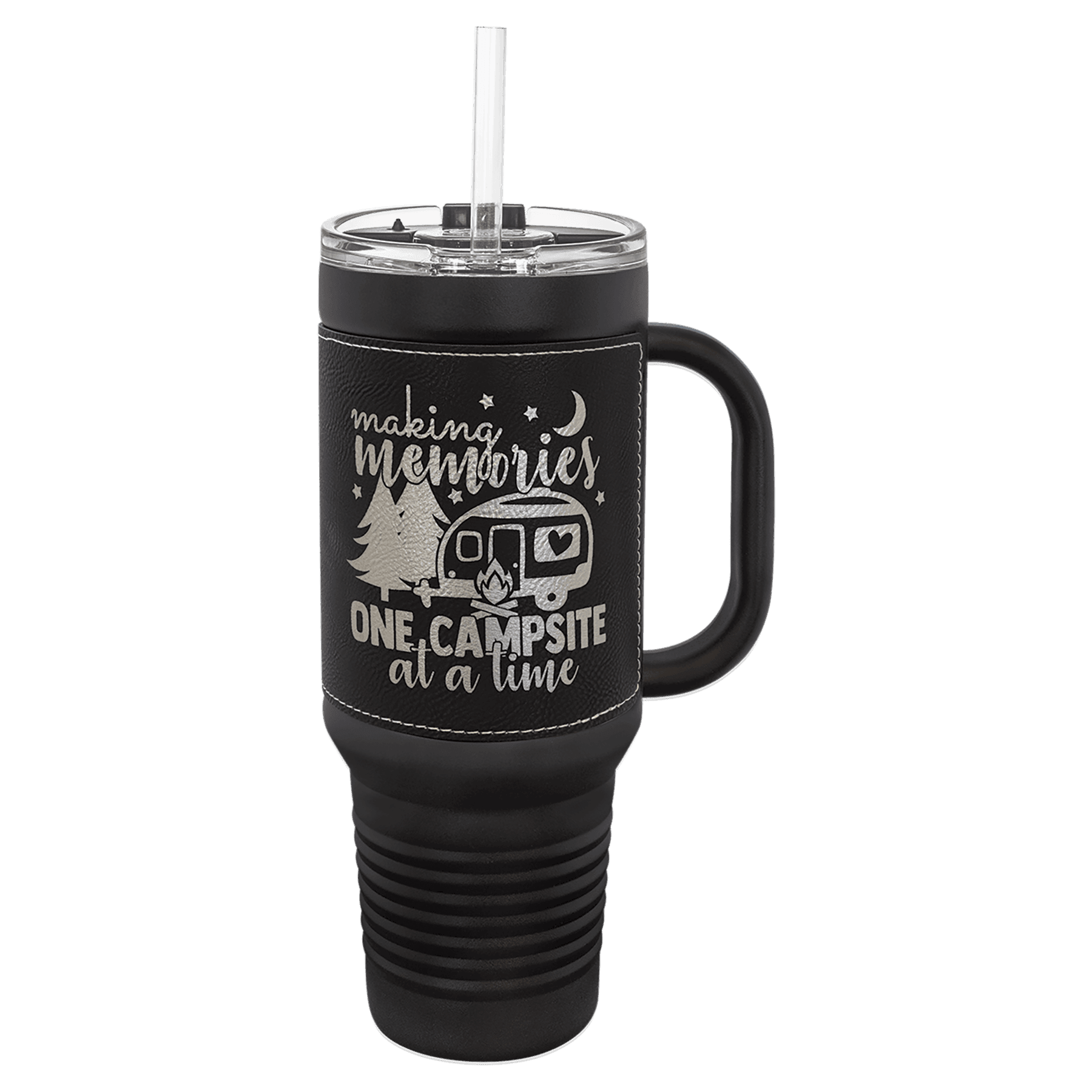 Black with Black/Silver Polar Camel 40 oz. Laserable Leatherette Travel Mug with a Handle & Straw