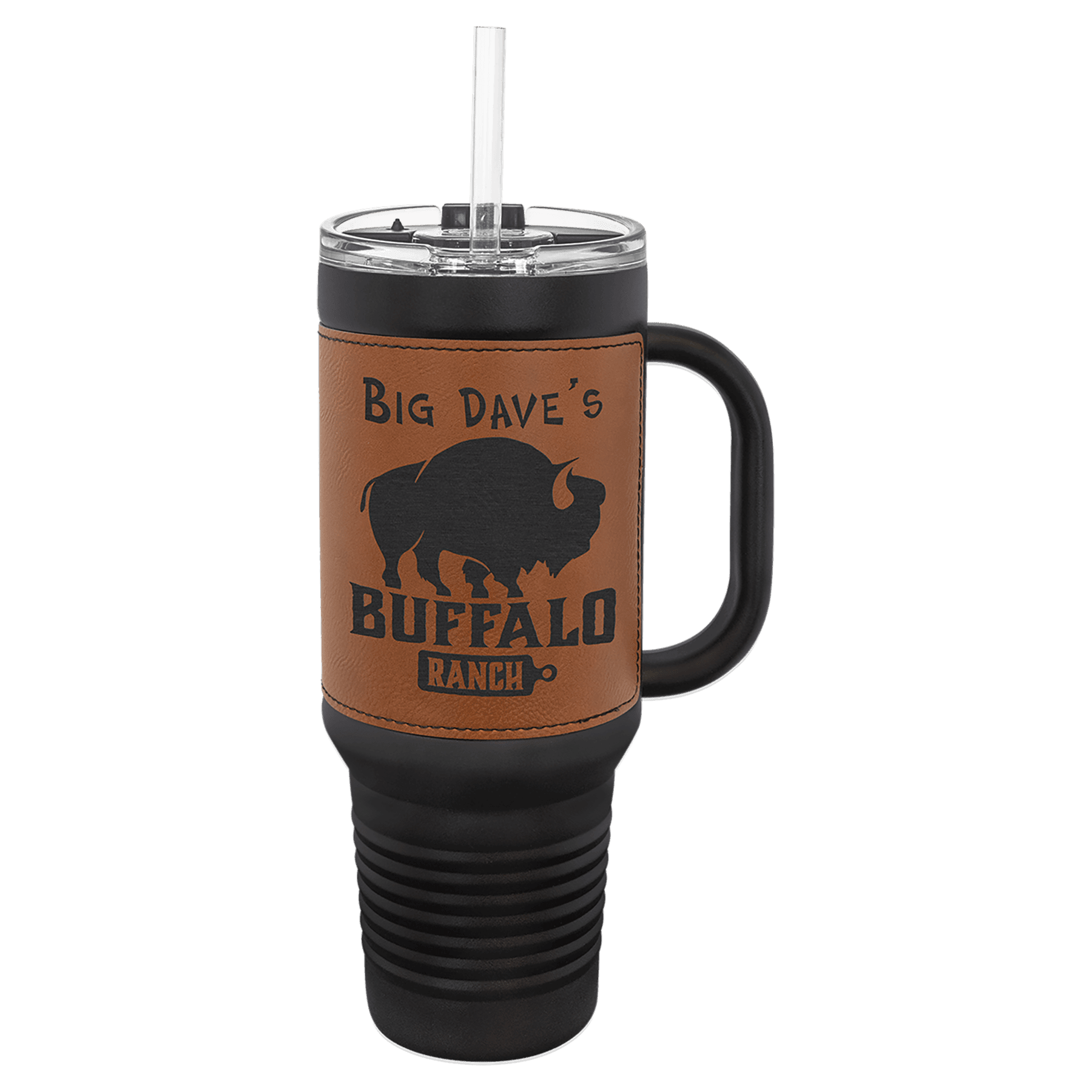 Black with Rawhide Polar Camel 40 oz. Laserable Leatherette Travel Mug with a Handle & Straw