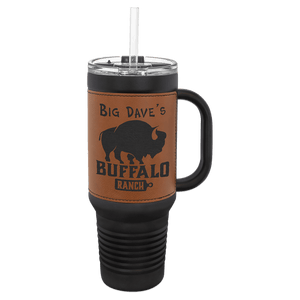 Black with Rawhide Polar Camel 40 oz. Laserable Leatherette Travel Mug with a Handle & Straw