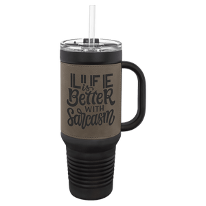 Black with Gray Polar Camel 40 oz. Laserable Leatherette Travel Mug with a Handle & Straw