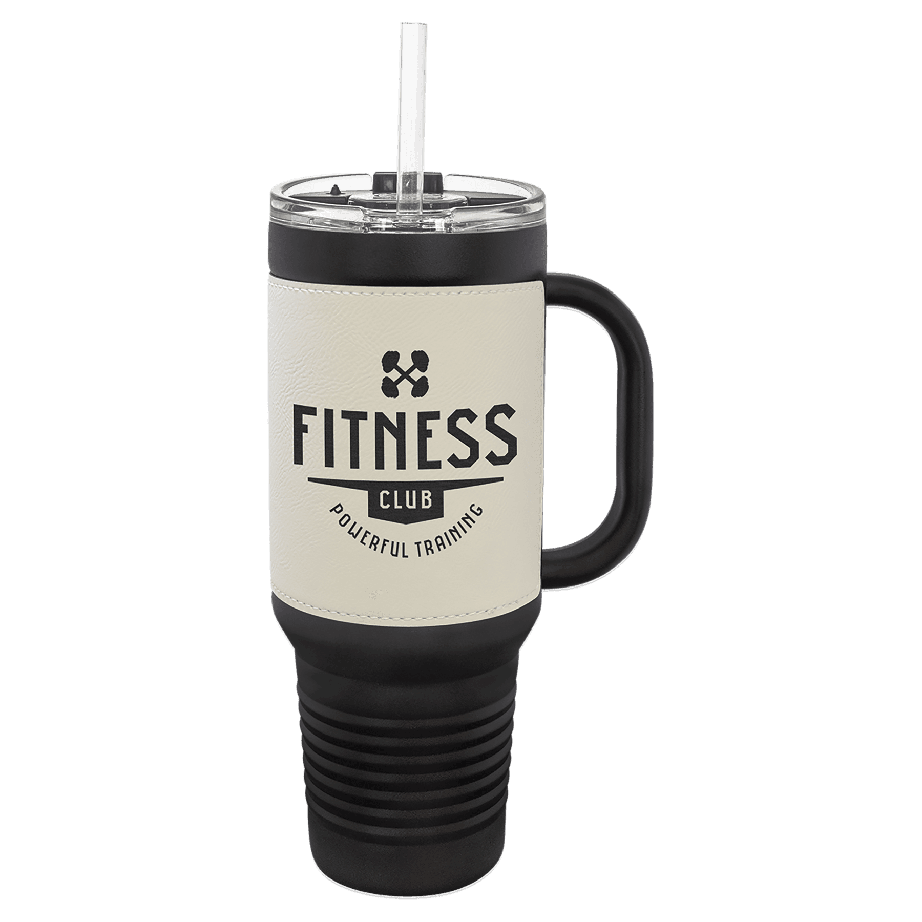 Black with White Polar Camel 40 oz. Laserable Leatherette Travel Mug with a Handle & Straw