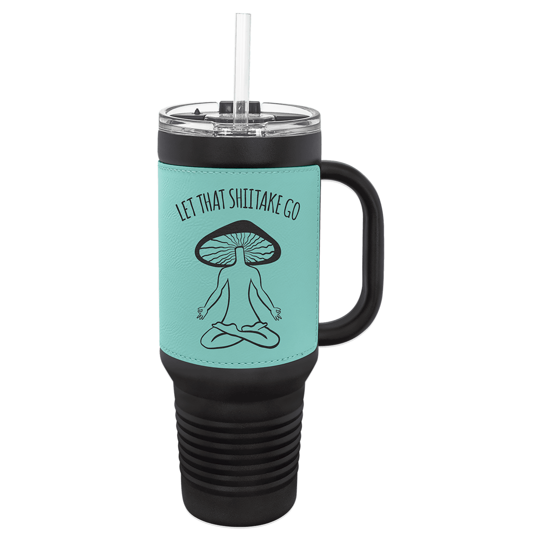 Black with Teal Polar Camel 40 oz. Laserable Leatherette Travel Mug with a Handle & Straw
