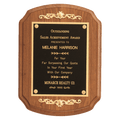 9" x 12" American Walnut Rounded, Scalloped Corner Plaque with Decorative Gold Scrolls and a Gold Border Black Laser Engravable Plate