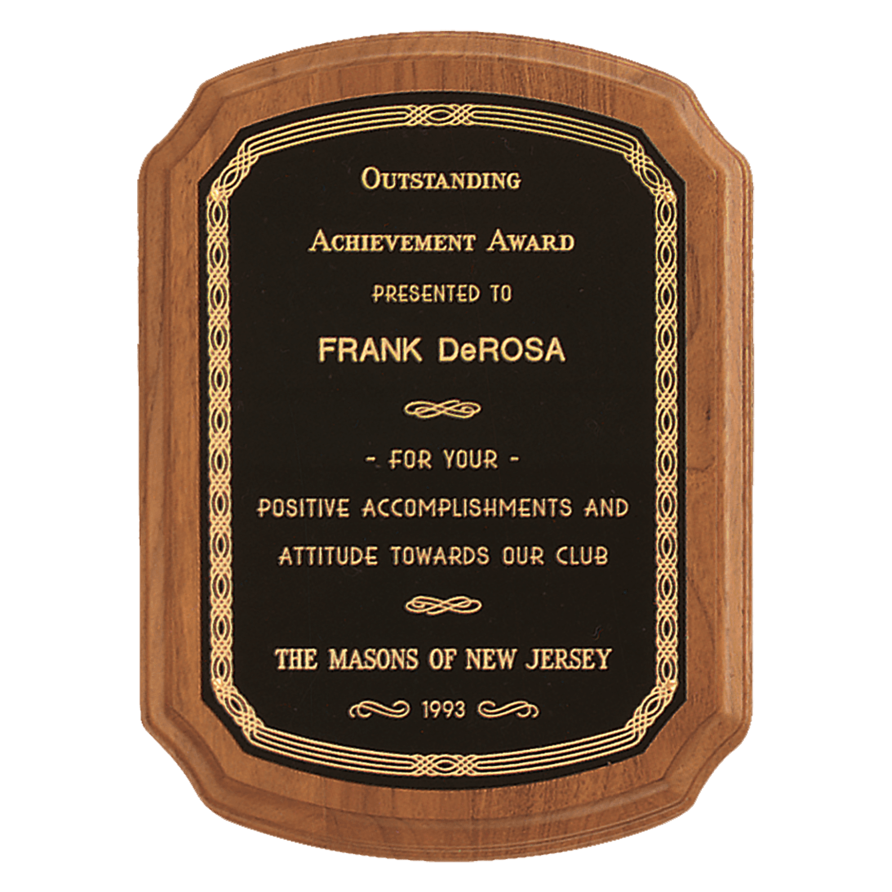 10 1/2" x 13" Coventry Series American Walnut Plaque with Gold Border Laserable Black Brass Plate