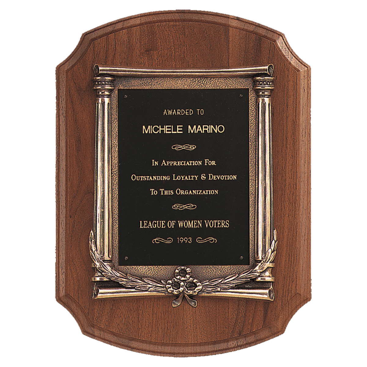 Walnut Notch Corner Plaque w/Antique Bronze Frame/Black Brass 11" x 15" American Plate