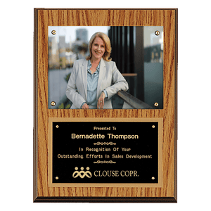 Oak Finish Photo Plaque with Black Brass 9" x 12" American Plates-Photo Size 5" x 7"