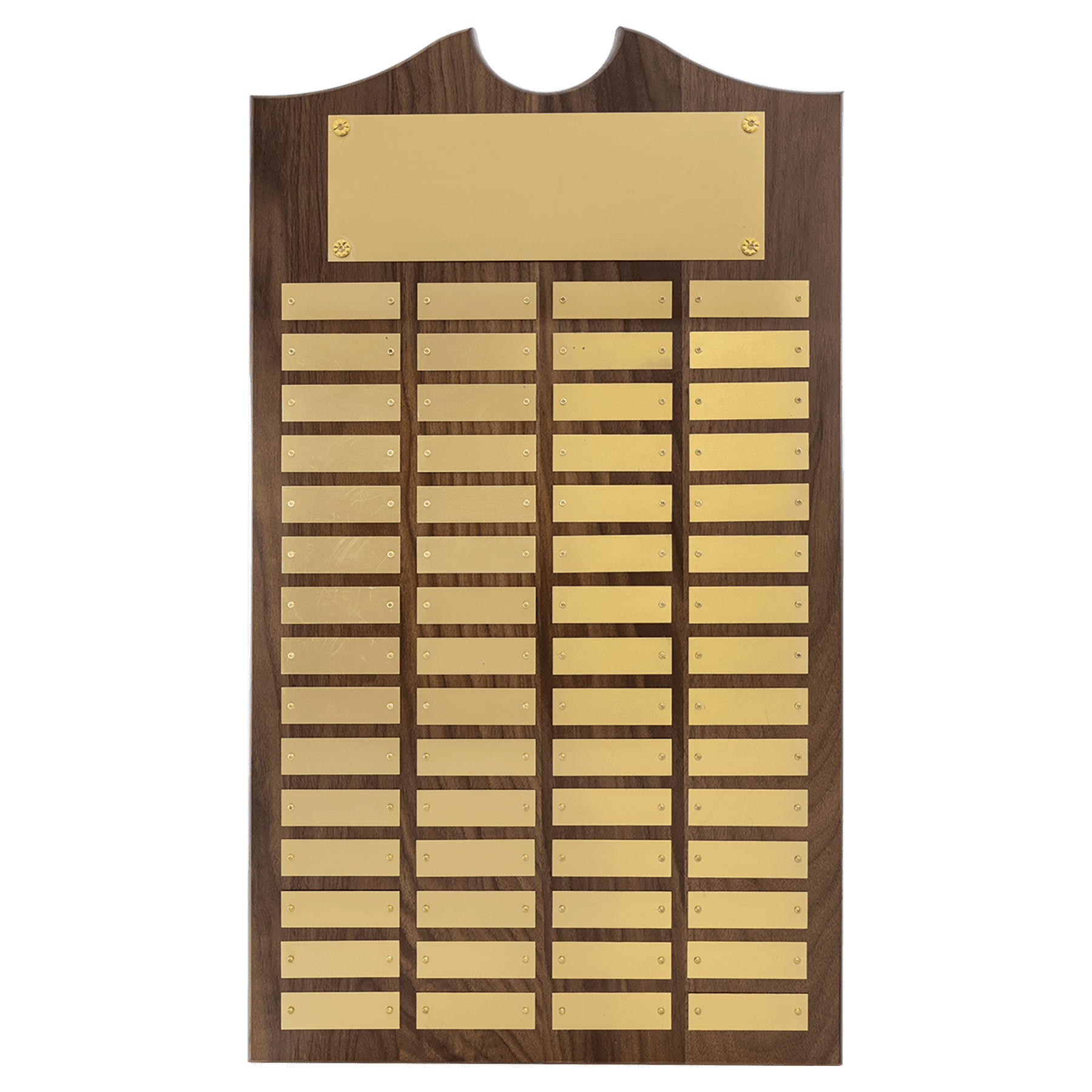 Walnut 60 Plate Perpetual Plaque with Brushed Brass 14" x 25"/Plates 7/8" x 2 3/4" American Plates