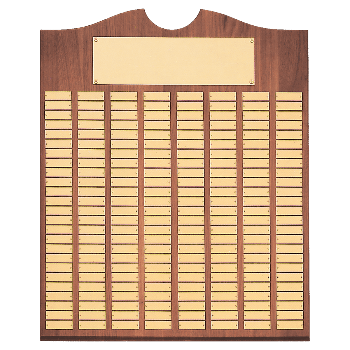 Walnut 72 Plate Perpetual Plaque with Brushed Brass 14" x 25"/Plates 7/8" x 2 3/4" American Plates