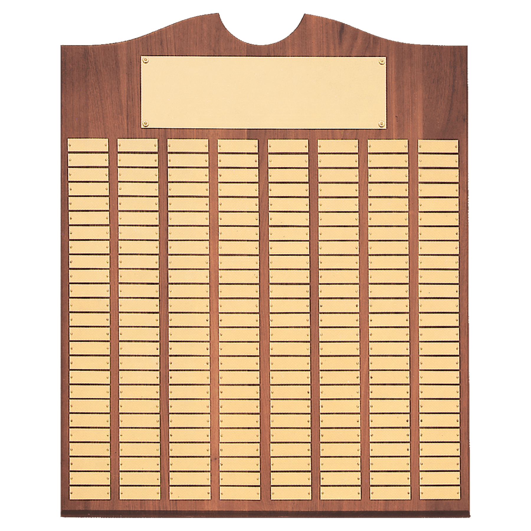 Walnut 80 Plate Perpetual Plaque with Brushed Brass 20" x 30"/Plates 7/8" x 2 3/4" American Plates