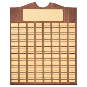 Walnut 100 Plate Perpetual Plaque with Brushed Brass 20" x 30"/Plates 7/8" x 2 3/4" American Plates