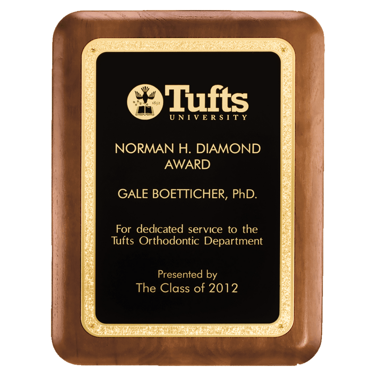 9" x 12" American Walnut Plaque with Textured Black LaserFX plate with Gold Florentine Border