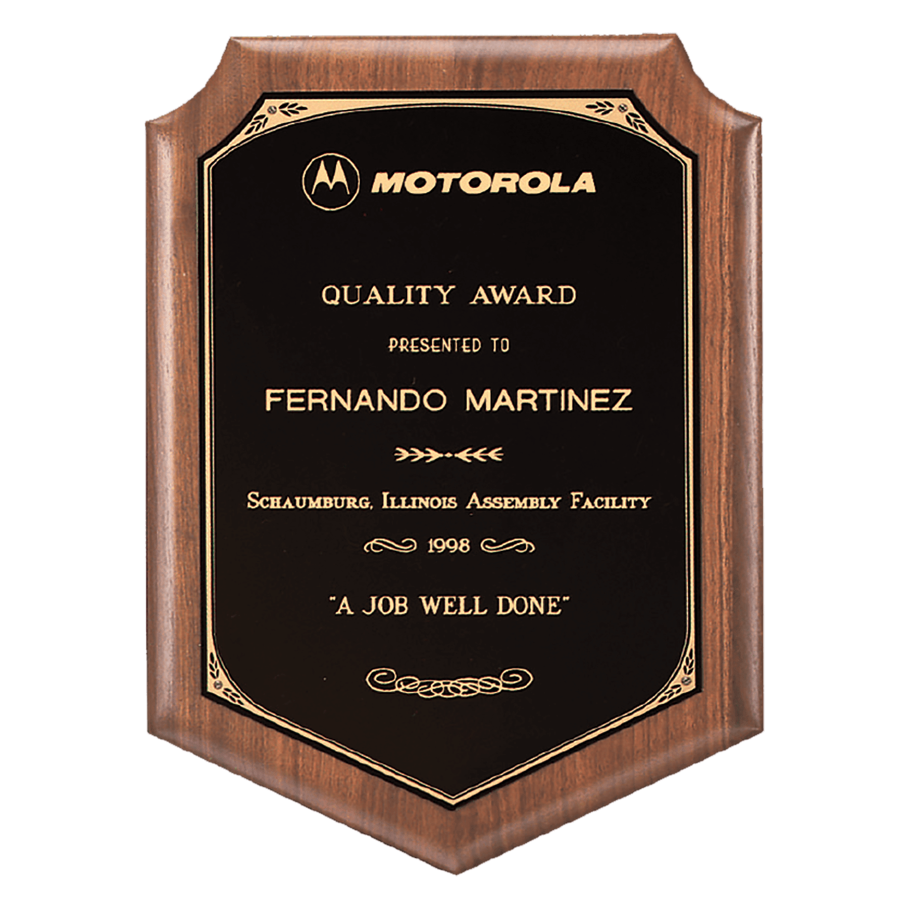 Walnut Plaque with Gold Border Laserable Black Brass 8" x 10 1/2" American Plate