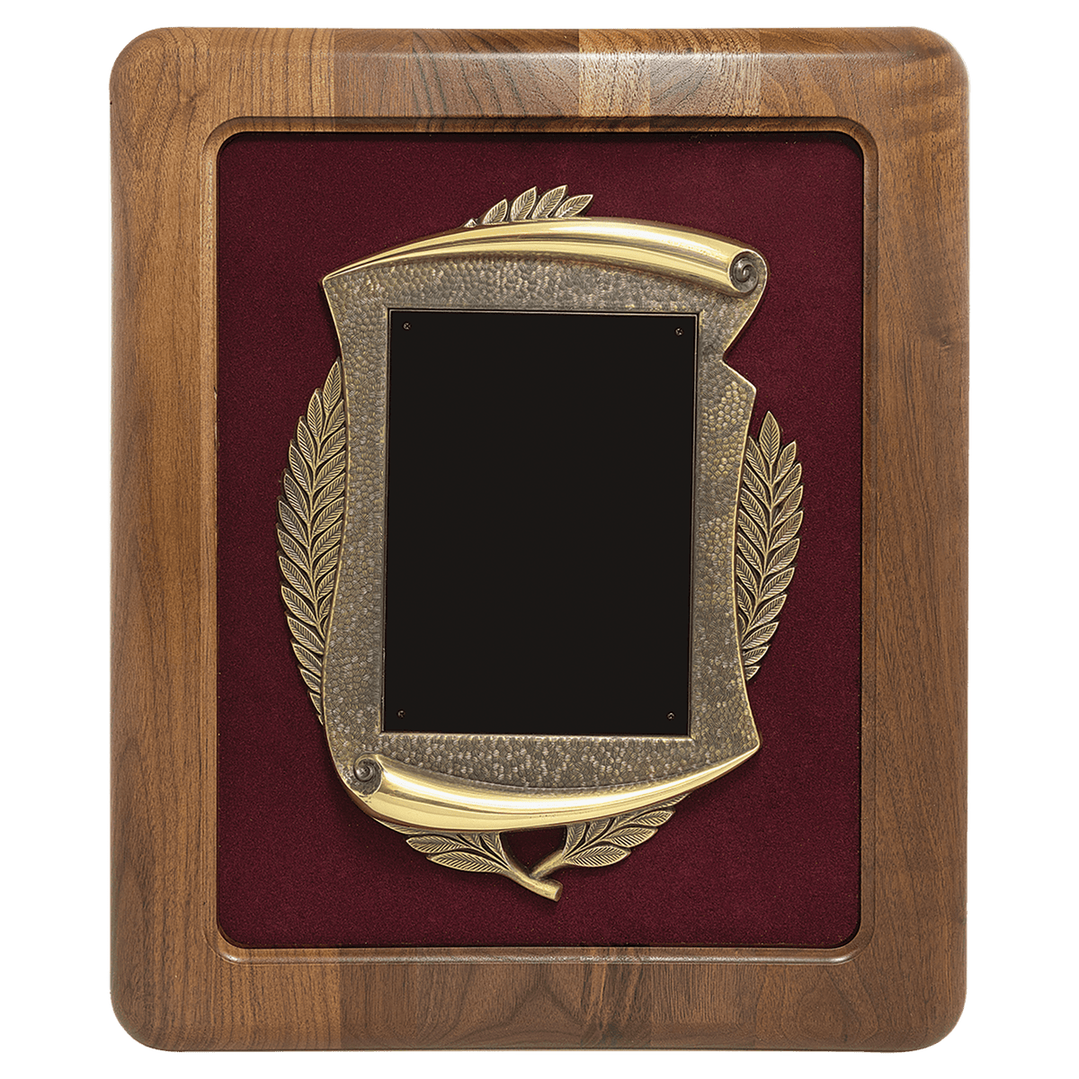 Walnut Frame w/Maroon Velour Back/Bronze Finish Frame/Black Brass 14" x 17" American Plate