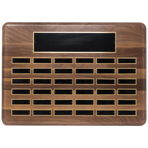 Walnut 36 Plate Perpetual Plaque with Black Brass 15" x 21"/Plates 7/8" x 2 3/4" American Plated Steel Plates