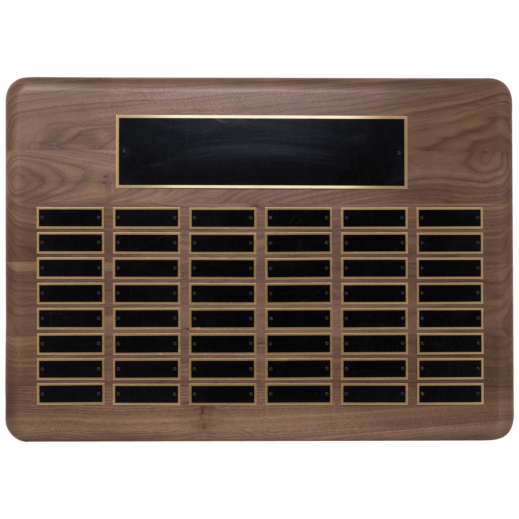 Walnut 48 Plate Perpetual Plaque with Black Brass 15" x 21"/Plates 7/8" x 2 3/4" American Plated Steel Plates
