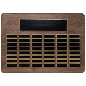 Walnut 48 Plate Perpetual Plaque with Black Brass 15" x 21"/Plates 7/8" x 2 3/4" American Plated Steel Plates