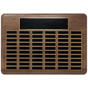 Walnut 60 Plate Perpetual Plaque with Black Brass 15" x 21"/Plates 7/8" x 2 3/4" American Plated Steel Plates