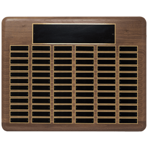 Walnut 72 Plate Perpetual Plaque with Black Brass 22" x 30"/Plates 7/8" x 2 3/4" American Plated Steel Plates