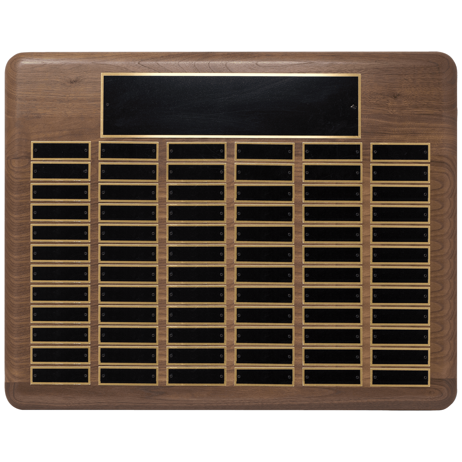 Walnut 80 Plate Perpetual Plaque with Black Brass 22" x 30"/Plates 7/8" x 2 3/4" American Plated Steel Plates