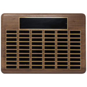 Walnut 96 Plate Perpetual Plaque with Black Brass 22" x 30"/Plates 7/8" x 2 3/4" American Plated Steel Plates