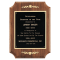 9" x 12" American Walnut Scalloped Corner Plaque with Gold Scrolls and Go ld Border Black Laser Engravable Plate