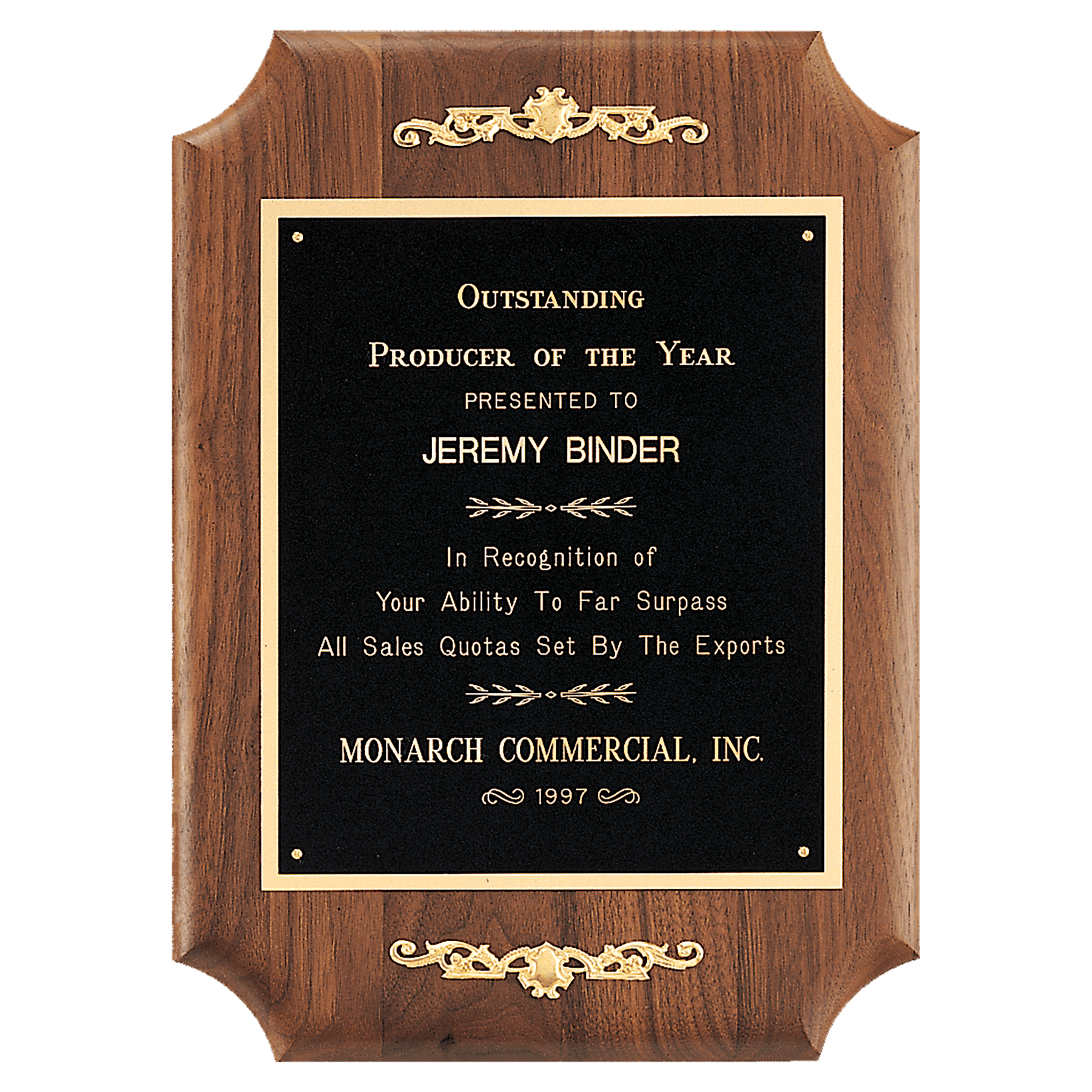 9" x 12" American Walnut Scalloped Corner Plaque with Gold Scrolls and Go ld Border Black Laser Engravable Plate