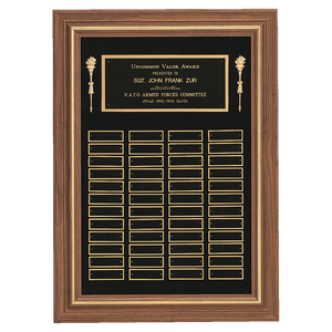 Walnut 36 Plate Perpetual Plaque with Black Brass 18" x 25"/Plates 7/8" x 2 3/4" American Plates
