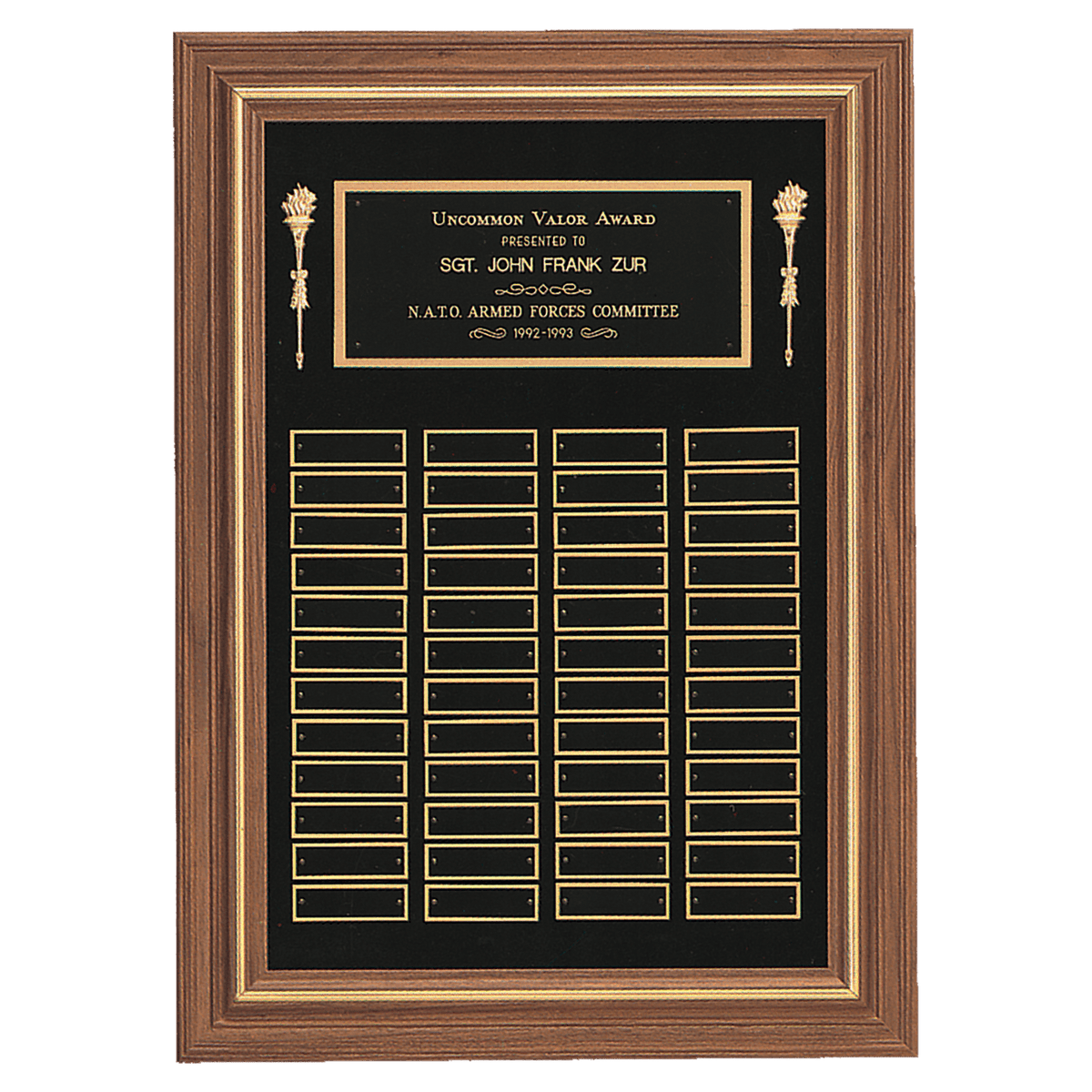 Walnut 48 Plate Perpetual Plaque with Black Brass 18" x 25"/Plates 7/8" x 2 3/4" American Plates