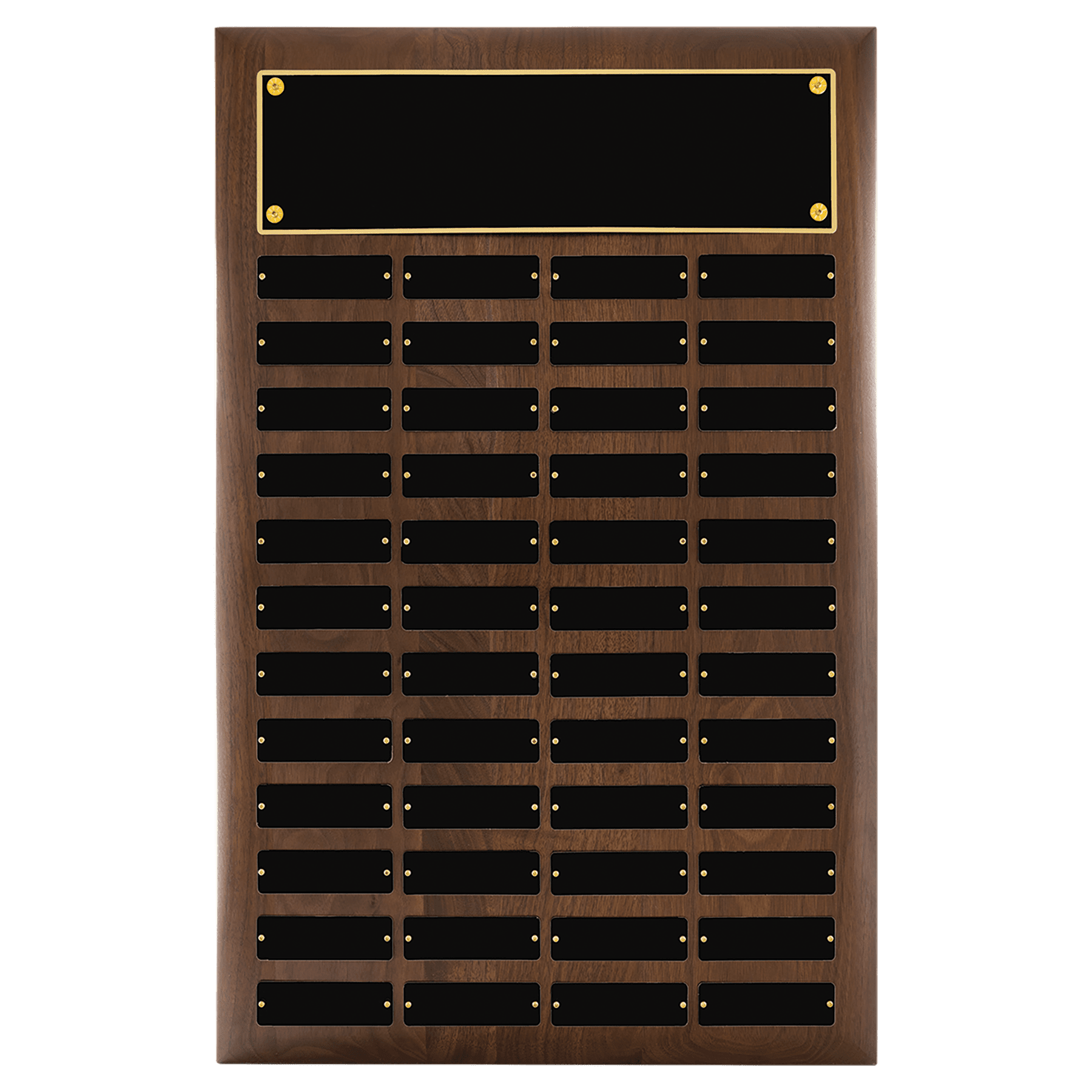 Walnut 48 Plate Perpetual Plaque with Black Brass 16" x 24"/Plates 1" x 3 1/4" American Plates