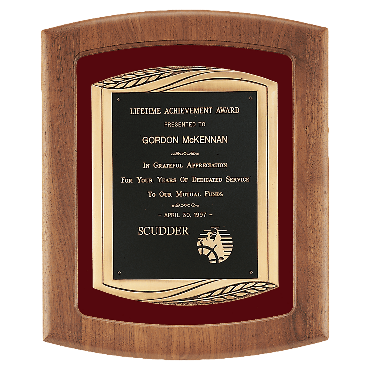 Walnut Frame with Maroon Velour Background and Black Laser Engravable Plate in an Antique Bronze 14" x 17" American Finished Frame Casting