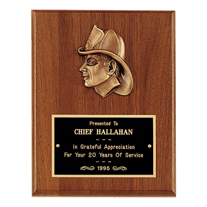 Walnut Plaque with Firefighter Relief and Black Brass 7" x 9" American Plate