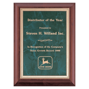 Cherry Finish Plaque with Emerald Marble Gold 7" x 9" Hand Rubbed Border LaserFX Plate