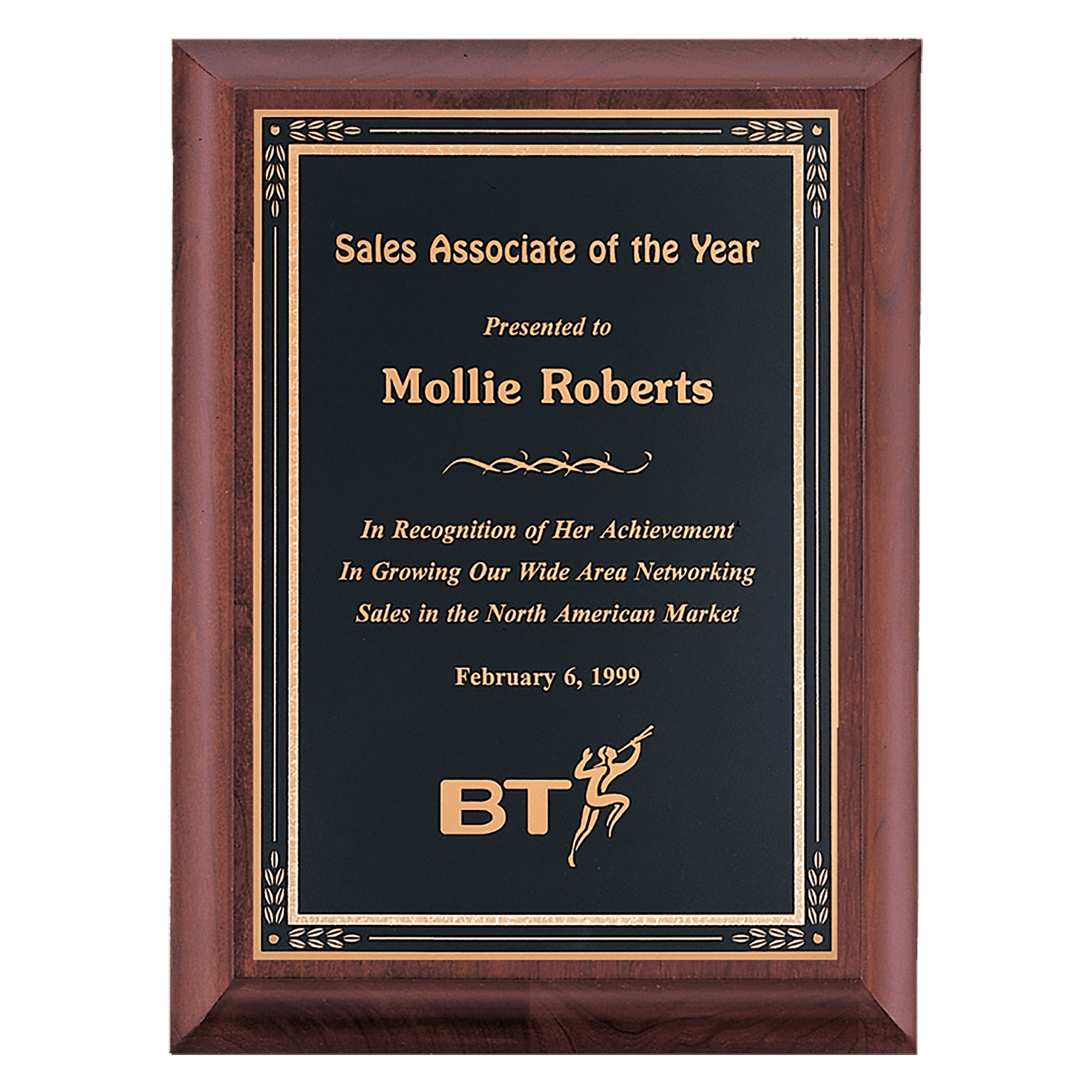 Cherry Finish Plaque with Black Gold 9" x 12" Hand Rubbed Florentine Border LaserFX Plate