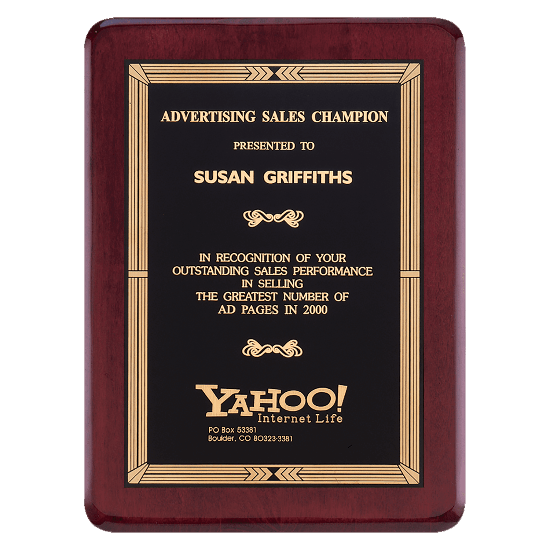 Rosewood Piano Finish Plaque with Gold Border Black Laserable Brass 2 9" x 12" Airflyte Premium Plate