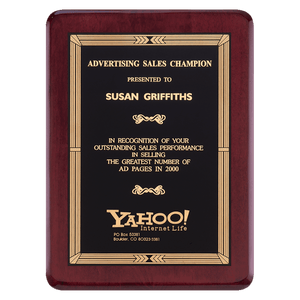 Rosewood Piano Finish Plaque with Gold Border Black Laserable Brass 2 9" x 12" Airflyte Premium Plate