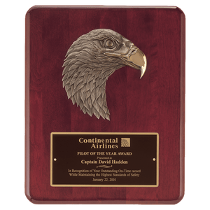 Rosewood Piano Finish Plaque with Finely Detailed Bronze Eagle Head Casting with Black Laserable Brass 10 1/2" x 13" Plate