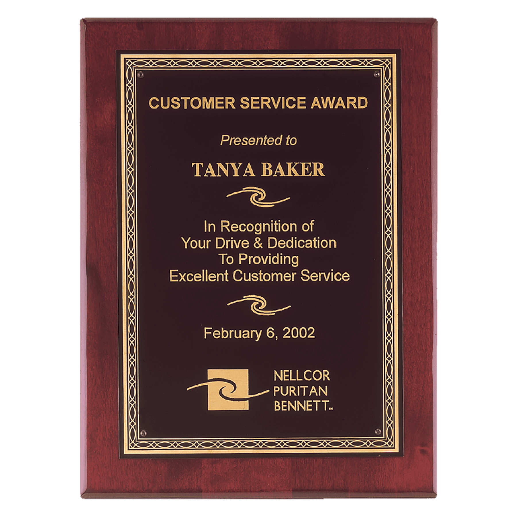 Rosewood Piano Finish Plaque with Gold Florentine Border Laserable Black Brass 7" x 9" Airflyte Premium PLate