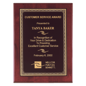 Rosewood Piano Finish Plaque with Gold Florentine Border Laserable Black Brass 8" x 10" Airflyte Premium Plate