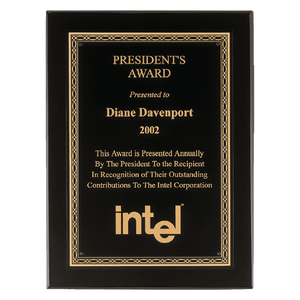 Black Piano Finish Plaque wtih Gold Florentine Border Laserable Black Brass 7" x 9" Airflyte Premium PLate